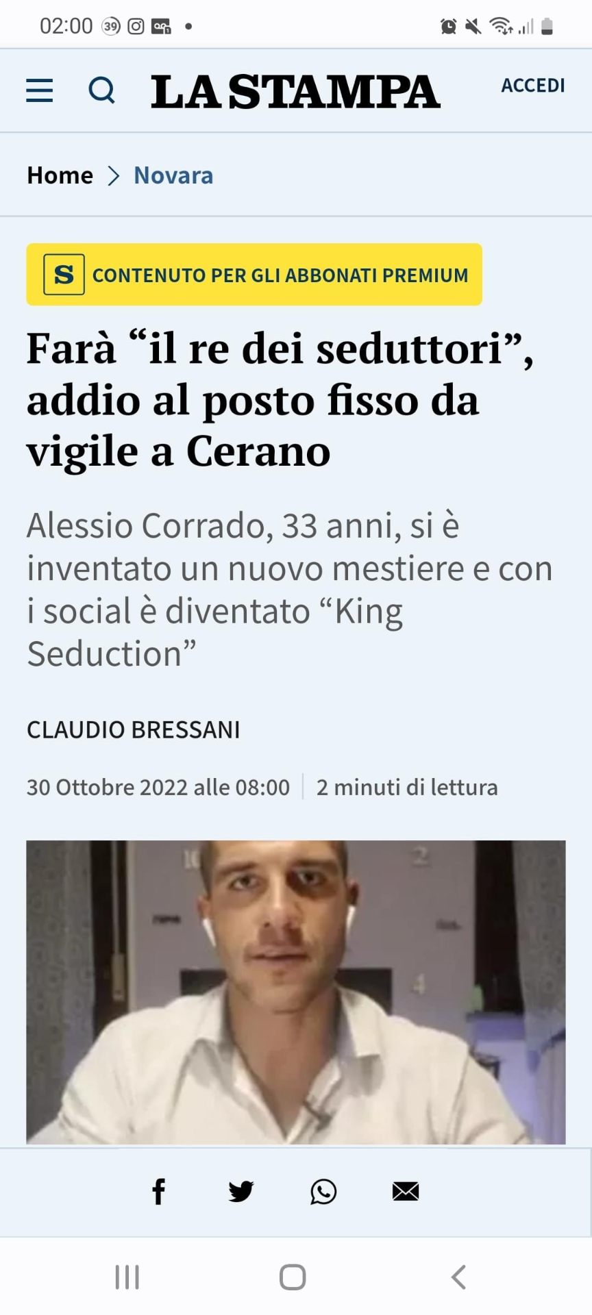 La Stampa: Farà il re dei seduttori, addio al posto fisso da vigile a Cerano