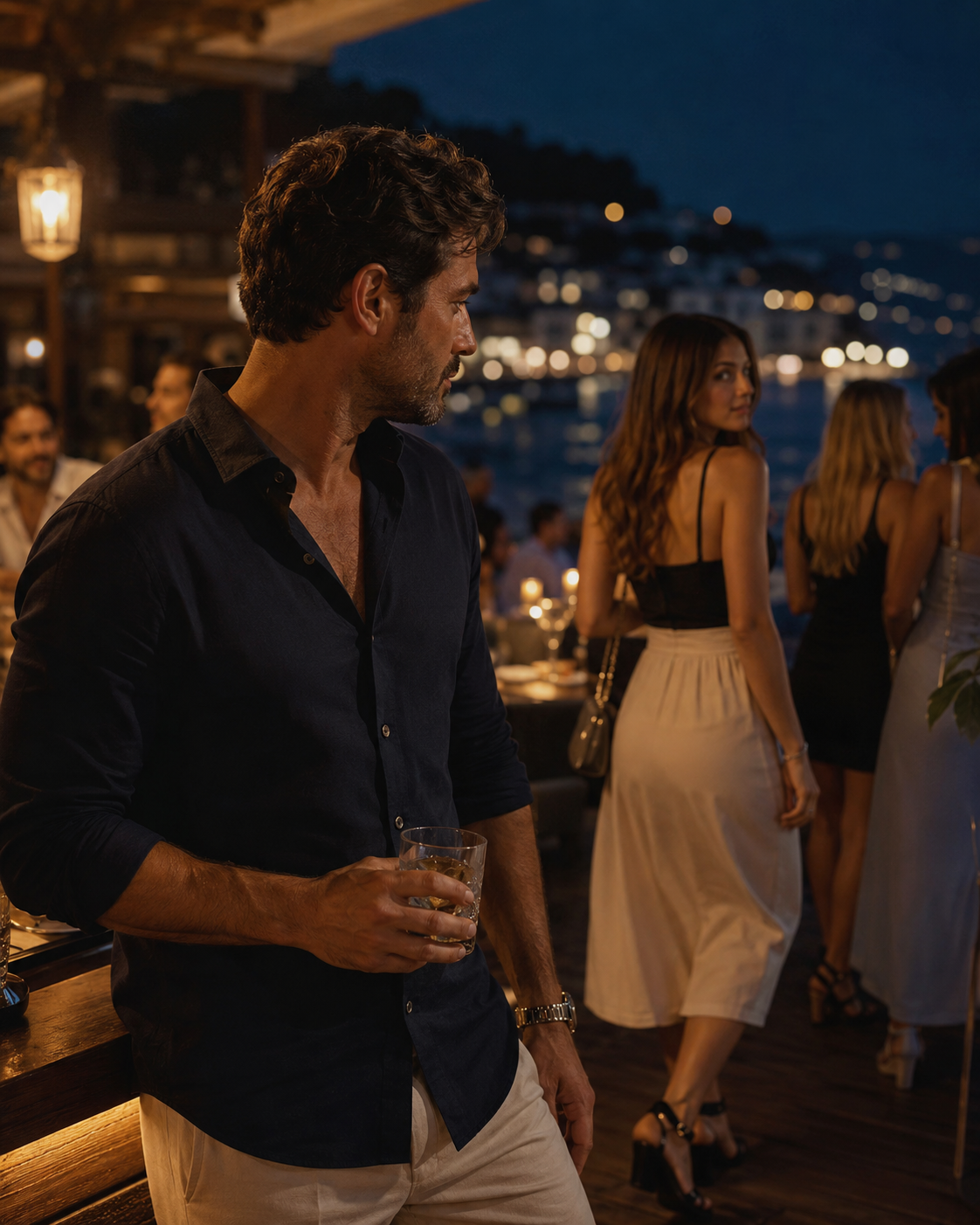 Uomo elegante al bar di sera, occasioni che passano