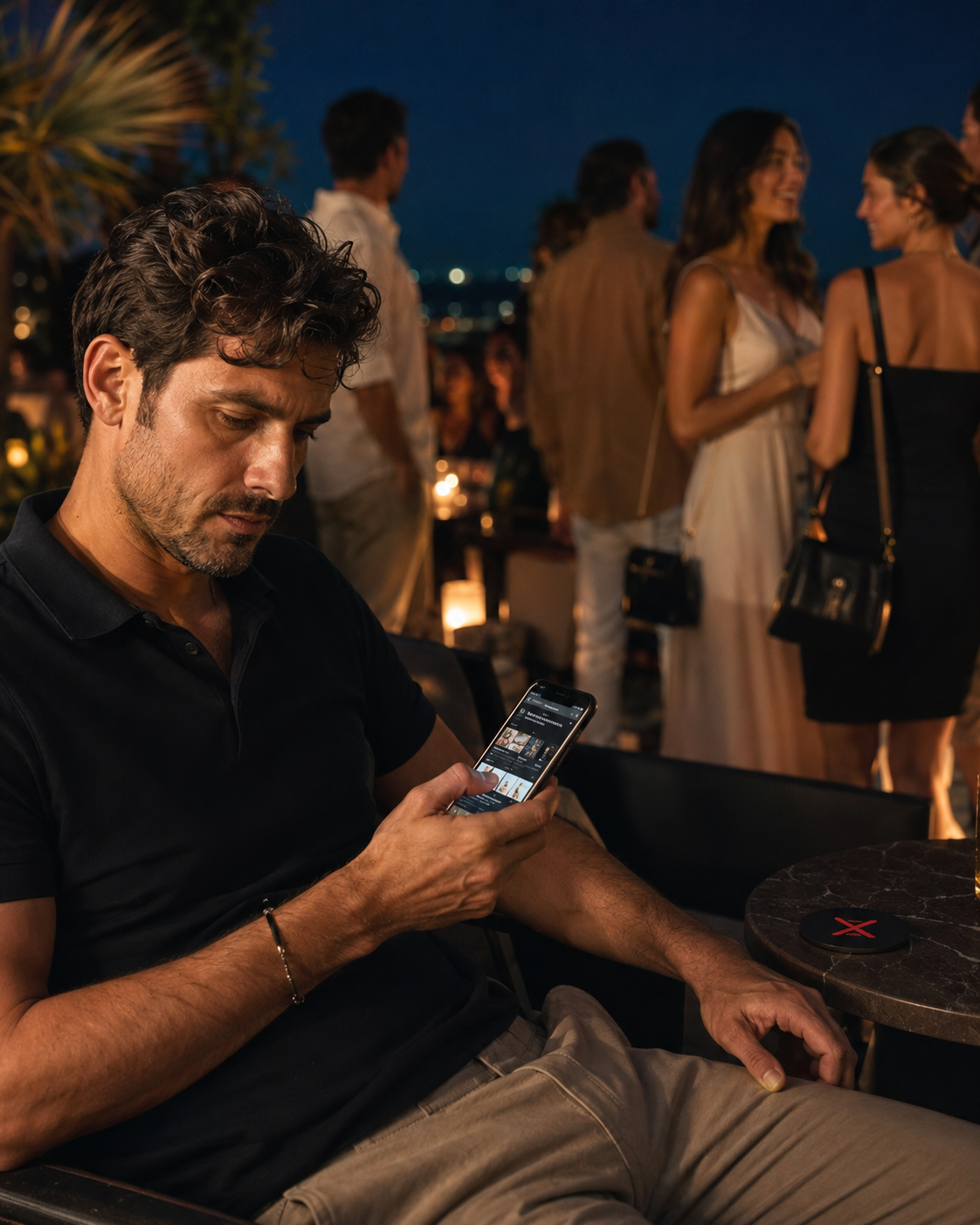 Uomo al telefono da solo mentre gli altri socializzano